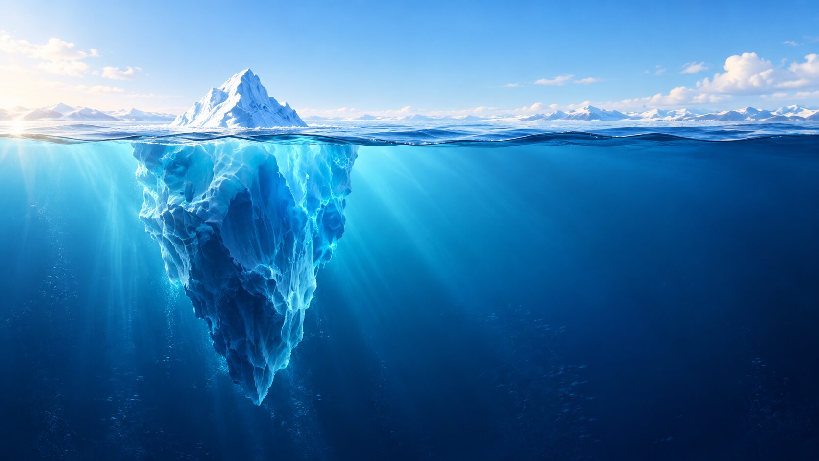 Ein Eisberg: die Spitze ragt im hellen Tageslicht aus ruhigem blauem Wasser, darunter reicht der gewaltige Eiskörper tief ins dunkler werdende Blau.